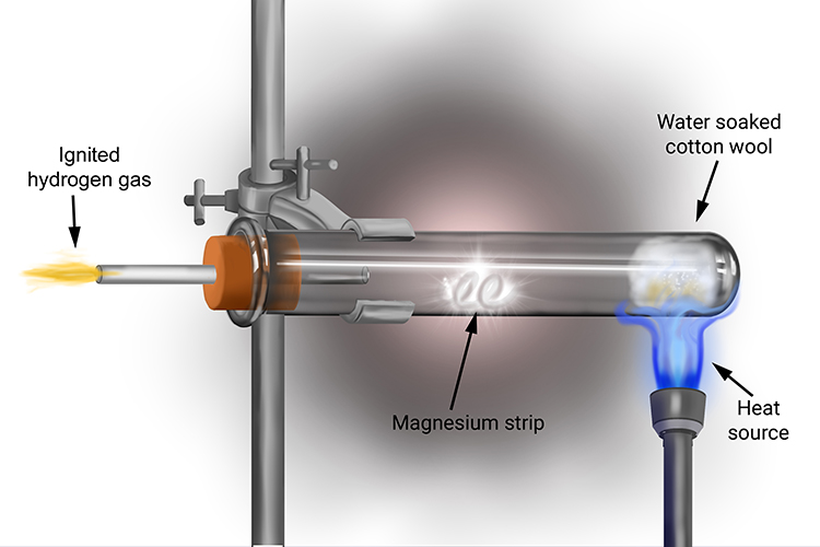 Magnesium introduced to steam by a water soaked cotton bud heated by a Bunsen burner will ignite the metal and ignite the hydrogen given off